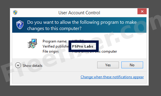 Screenshot where FSPro Labs appears as the verified publisher in the UAC dialog